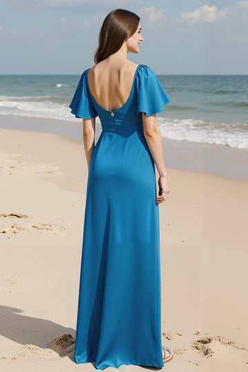 Square Neck Royal Blue A Line Ruffled Evening Dress